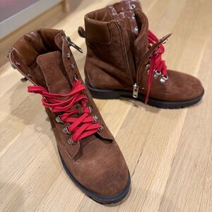 Charles By Charles David Rocky Camel Suede Brown Combat Boots with Red Laces